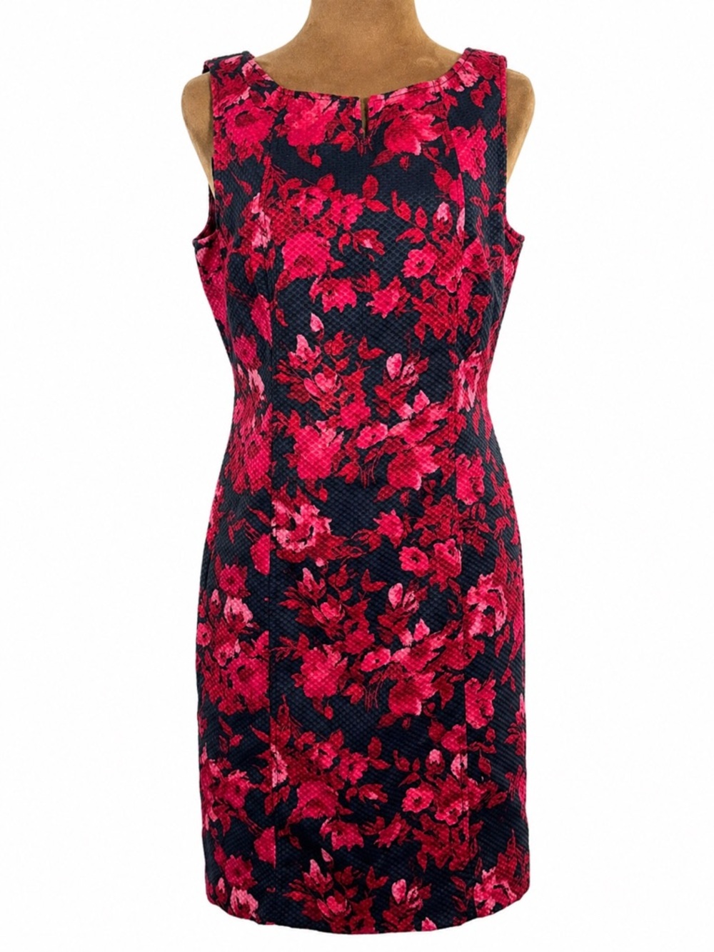 Talbots 12P Red Black Floral Sheath Dress Petite Textured Career Wedding Spring - Picture 2 of 9